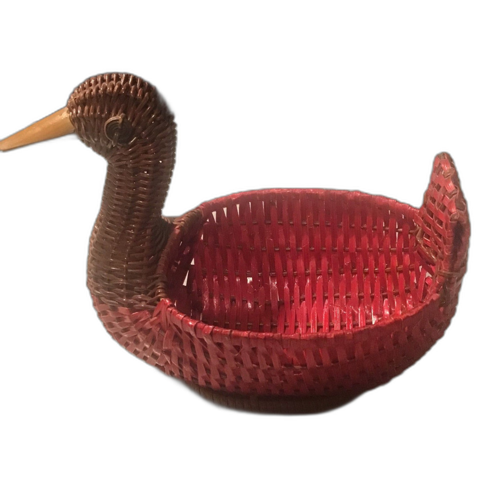 Vintage Woven Wicker Duck Basket Red Two Tone Wooden Beak Boho Planter